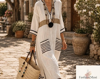 Vestido largo de lino, estilo bohemio playero, caftán a rayas, resort de verano, lino extragrande