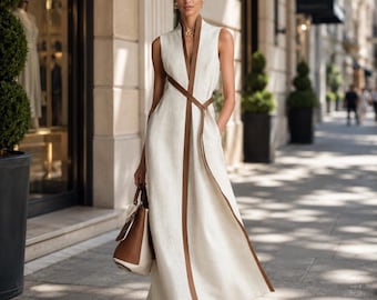 Elegance Linen Cotton Maxi Dress for Women, Sleeveless V-Neck