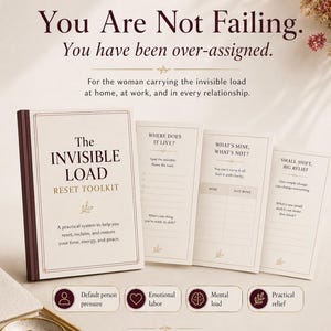 May include: A toolkit titled The Invisible Load Reset Toolkit with a cream cover and dark red text. It includes three open pages with prompts like Where Does It Live, What's Mine, What's Not, and Small Shift, Big Relief, plus four icons for pressure, labor, load, and relief.