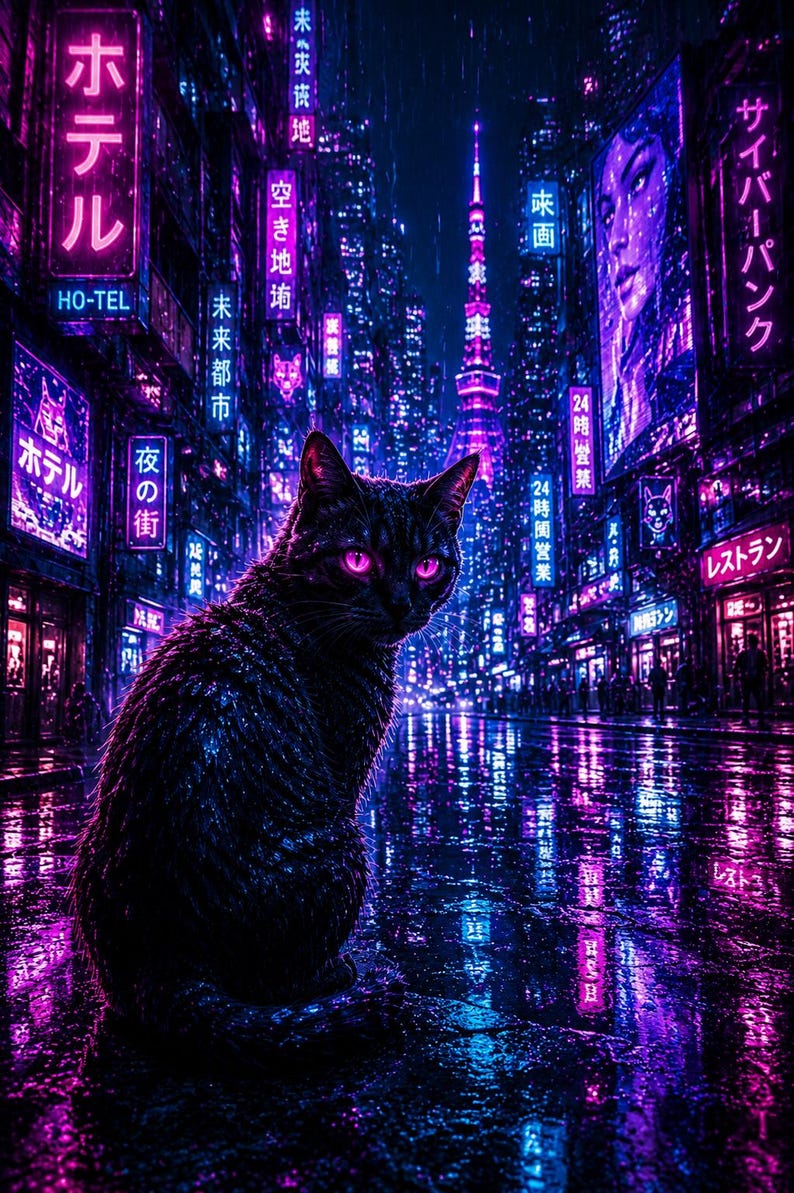 Cyberpunk Cat Poster, Neon Tokyo Wall Art, Synthwave Room Decor - Etsy