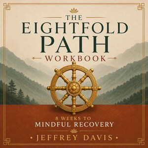 May include: The Eightfold Path Workbook cover. The book features a gold-colored Dharma wheel, with the title in large, dark green letters. The background shows a mountain range in shades of green and brown.