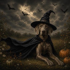 Puede incluir: Un perro Weimaraner con un sombrero de bruja negro puntiagudo y una capa negra fluida, tumbado en un campo con calabazas naranjas y pequeñas flores blancas bajo un cielo oscuro y nublado lleno de siluetas de murciélagos volando bajo la luna.