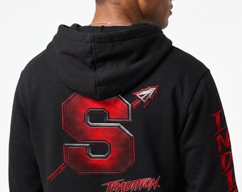 May include: A black hooded sweatshirt featuring a large red and metallic grey letter S graphic on the back, accented by an arrow. Below the letter, the text reads TRADITION. PRIDE. CLASS. The word INDIANS is printed vertically in red on the sleeve.