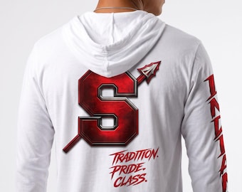 May include: A white long-sleeve hooded shirt featuring a large red letter S with a metallic arrow piercing through it on the back. Below the letter, the text reads TRADITION. PRIDE. CLASS. The word FANTASY is printed vertically down the right sleeve.