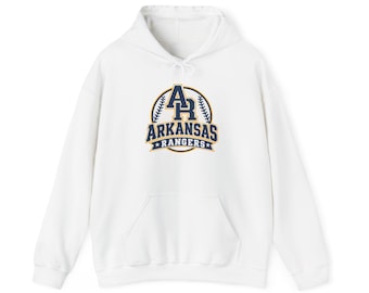 May include: A white hooded sweatshirt featuring a central graphic with the text ARKANSAS RANGERS and the letters AR in navy blue and gold. The design includes a baseball stitch pattern within a circular border on the front of the garment.