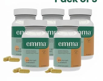 Paquete de 5 suplementos Emma para el alivio de la salud intestinal, avalados por médicos.