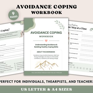 May include: A 9-page Avoidance Coping Workbook featuring a sage green and white color scheme. The cover displays the title, a small heart icon, and a mountain line drawing. Interior pages include reflection questions, checklists, and prompts.