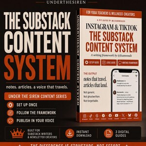 Op de afbeelding: Een digitale gids getiteld The Substack Content System voor yogadocenten en wellness-makers door @lisanwoods. De cover toont een smartphone met sociale mediacommentaren, oranje en witte tekst en iconen voor diverse platforms.