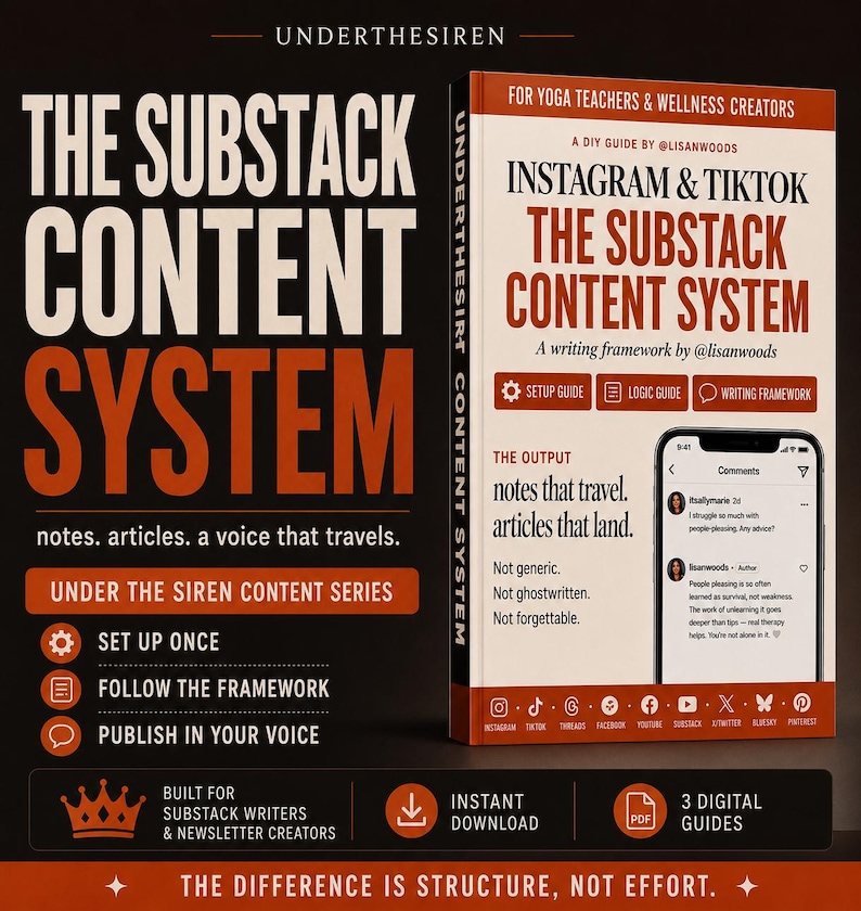 Op de afbeelding: Een digitale gids getiteld The Substack Content System voor yogadocenten en wellness-makers door @lisanwoods. De cover toont een smartphone met sociale mediacommentaren, oranje en witte tekst en iconen voor diverse platforms.