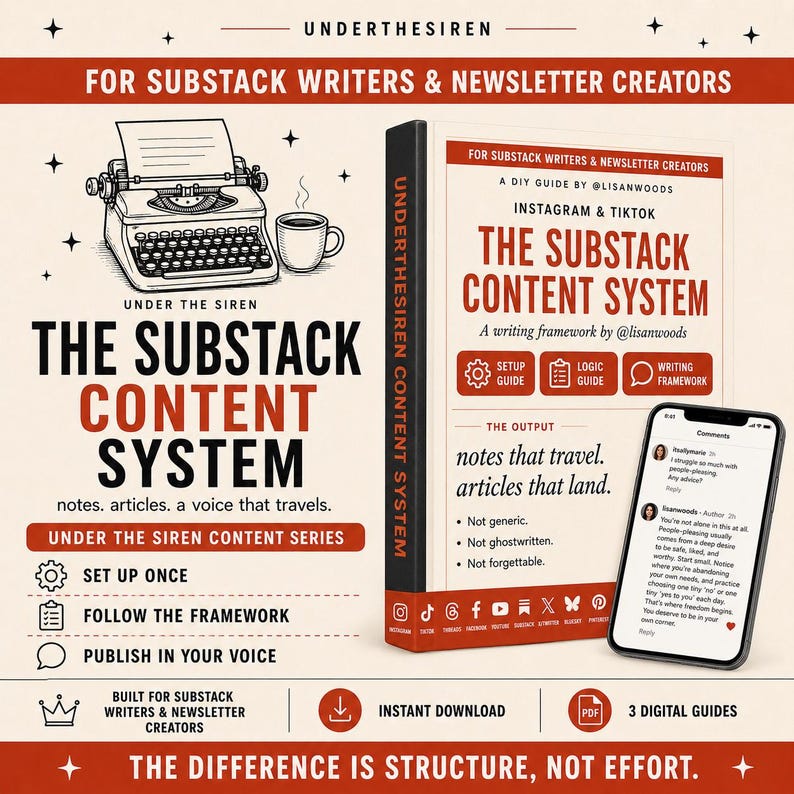 Op de afbeelding: Een digitale gids getiteld The Substack Content System voor schrijvers en nieuwsbriefmakers. Het bevat een illustratie van een typemachine, een boekomslag met rode en zwarte tekst, en een smartphone die een social media commentaar-thread toont.