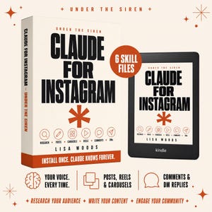 Könnte beinhalten: Ein digitales Produktpaket mit dem Titel Claude for Instagram von Lisa Woods, bestehend aus einem physischen Buch-Mockup und einem Kindle-E-Reader-Display. Das Design enthält einen großen orangefarbenen Stern, sechs Skill-Symbole und den Text Install once, Claude knows forever.
