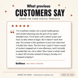 Op de afbeelding: Een klantbeoordelingsafbeelding met de titel What previous CUSTOMERS SAY UNDER THE SIREN DIGITAL PRODUCTS. Het bevat een vijfsterrenbeoordeling en een citaat van Kathleen, een wellness-creator, die haar ervaring met contentplanningstools beschrijft.