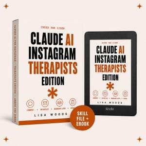 May include: A white product box and a black e-reader displaying the title Under The Siren Claude AI Instagram Therapists Edition by Lisa Woods. The design features black and orange text, a star icon, and four circular icons labeled Comment, DM Replies, Boundary Layer, and Intake. A round orange sticker reads Skill File + Ebook.
