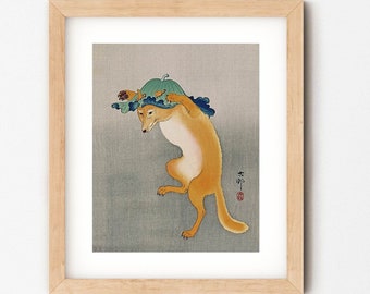 Dancing fox, Ohara Koson, Japanese printable art, nursery wall decor