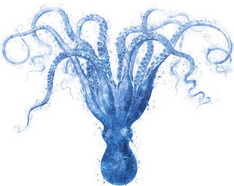 Blue octopus art, instant download octopus print, bathroom wall art, digital download octopus painting, nautical wall decor