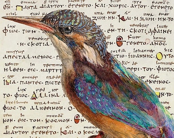 May include: A vintage illustration of a kingfisher bird with blue, green, and brown feathers perched on a branch. The illustration is printed on a page of an old book with text in a foreign language.