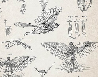 Flying machine patent art, vintage printable chart, Icarus drawing