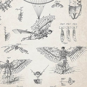 Flying machine patent art, vintage printable chart, Icarus drawing