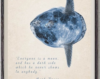 Moon-fish printable art, Mark Twain quote, custom quote print, bathroom decor