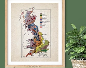 Geological map of Great Britain, printable wall art, UK vintage decor