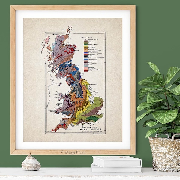 Geological map of Great Britain, printable wall art, UK vintage decor