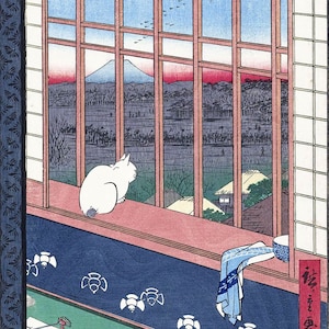 Japanese printable art, Japanese woodblock, Mount Fuji poster, cat wall decor
