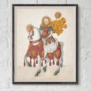 Puede incluir: Una ilustraci&oacute;n vintage de una persona con una cabeza en forma de sol montando un caballo blanco. La persona lleva un vestido blanco con una capa amarilla y una armadura con patrones rojos y dorados. El caballo est&aacute; adornado con una silla de montar y una manta con patrones rojos y dorados. El fondo es de color beige claro.