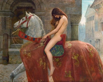 Lady Godiva John Collier painting, redhead nude girl riding horse, printable erotic art