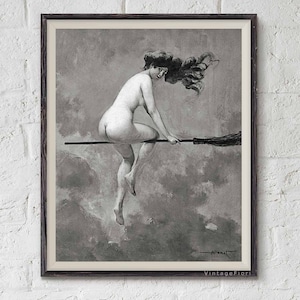Flying witch printable art print, Halloween decor, occult poster, witchcraft magic