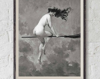 Flying witch printable art print, Halloween decor, occult poster, witchcraft magic