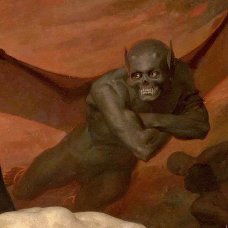 Puede incluir: Una criatura gris oscura de aspecto esquel&eacute;tico con alas de murci&eacute;lago, dientes afilados y ojos grandes. La criatura vuela por un cielo rojo y naranja.