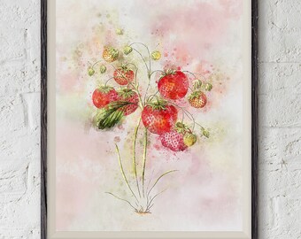 Strawberry printable artwork, kitchen wall decor, botanical poster.