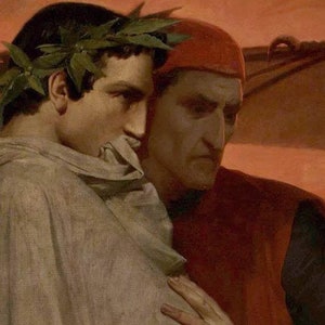Puede incluir: Una pintura de dos hombres, uno con una corona de laurel y el otro con un sombrero rojo. El hombre con la corona de laurel mira hacia abajo, mientras que el hombre con el sombrero rojo mira al espectador. La pintura est&aacute; ambientada en un fondo de puesta de sol.