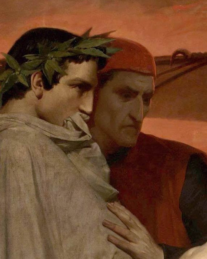 Puede incluir: Una pintura de dos hombres, uno con una corona de laurel y el otro con un sombrero rojo. El hombre con la corona de laurel mira hacia abajo, mientras que el hombre con el sombrero rojo mira al espectador. La pintura est&aacute; ambientada en un fondo de puesta de sol.