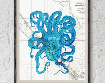 Octopus printable art, coastal decor, nautical digital print