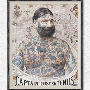 Tattooed man, art print, nautical print, captain, vintage map, bearded sailor, nautical art, coastal decor