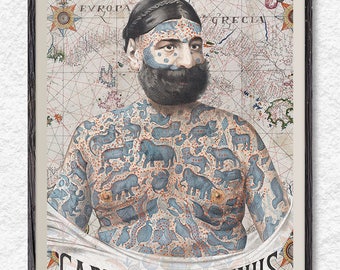 Tattooed man, art print, nautical print, captain, vintage map, bearded sailor, nautical art, coastal decor