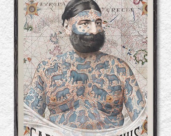 May include: A vintage poster featuring a man with a full beard and a heavily tattooed torso. The tattoos are in the style of an old world map, with various animals and geographical features depicted. The poster is titled "Captain Costentenus" and has a vintage aesthetic.