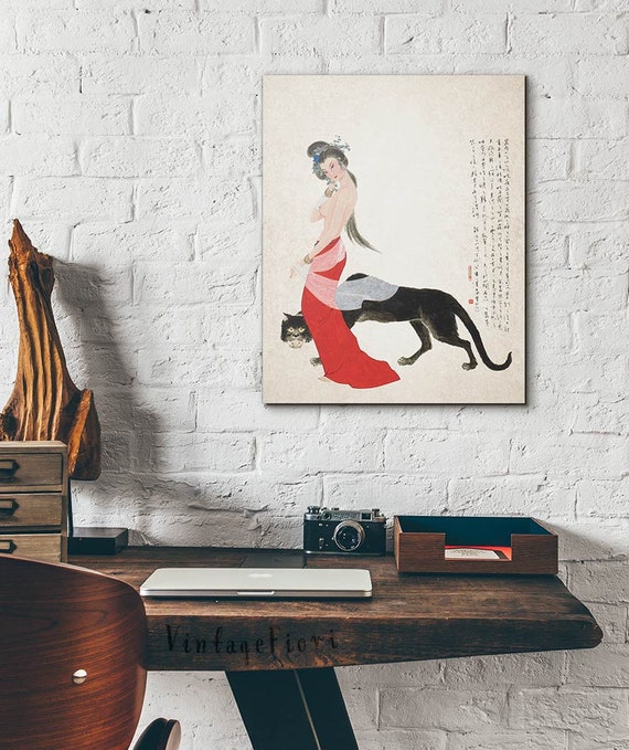 Naked Woman and Black Panther, Japanese Print Art, Bedroom Decor