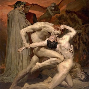 Puede incluir: Una pintura que representa una escena del Infierno de Dante. Dos figuras desnudas luchan en primer plano, mientras que un demonio alado y otras figuras son visibles en el fondo. La escena se desarrolla en un infierno de fuego.