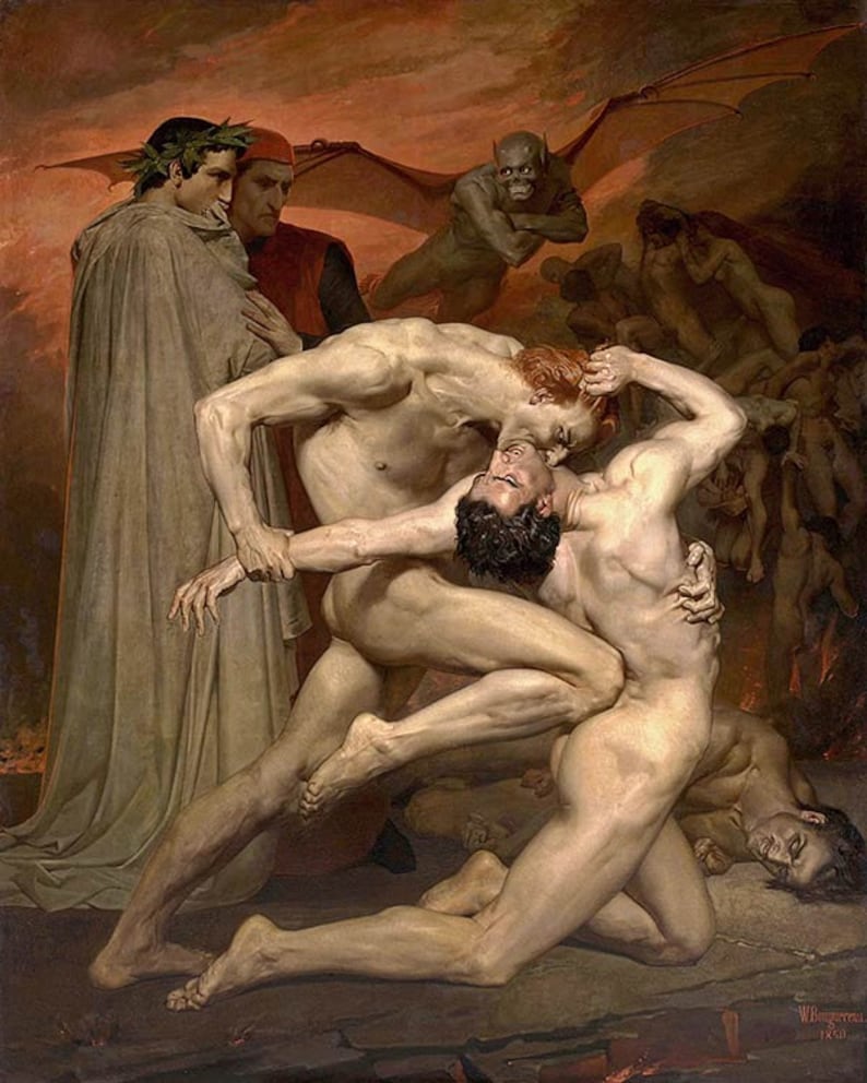 Puede incluir: Una pintura que representa una escena del Infierno de Dante. Dos figuras desnudas luchan en primer plano, mientras que un demonio alado y otras figuras son visibles en el fondo. La escena se desarrolla en un infierno de fuego.