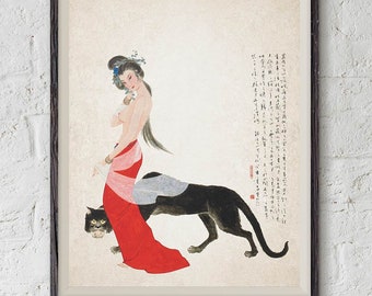 Naked woman and black panther, Japanese print art, bedroom decor
