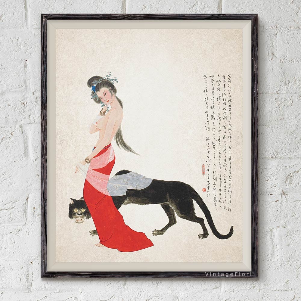 Naked Woman And Black Panther Japanese Print Art Bedroom Etsy