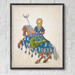 Puede incluir: Una ilustraci&oacute;n vintage de una persona montando a caballo. La persona lleva una t&uacute;nica azul y verde con un dise&ntilde;o de sol y luna. El caballo es blanco con una silla de montar azul y verde.