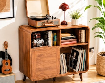 Record Player Stand with Vinyl Storage, Mid Century Modern Turntable Cabinet, Walnut Media Console with Sliding Door & Charging Station