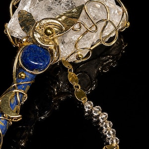 Celestial Moon Star Wand: Clear Quartz, Lapis Lazuli, Gold Wirework, Fairycore Tool