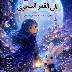 May include: A book cover illustration featuring a child with blue hair and a blue cape holding a lantern, standing next to a white rabbit in a blue cape. The background shows a large full moon, a castle, and purple flowers with Arabic text.