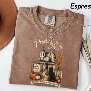 May include: An espresso-colored short-sleeve t-shirt featuring a graphic of a house with the text Practical Magic, The Owens House EST 1998, and There's a little witch in all of us. The design includes a black cat, pumpkins, and autumn trees.