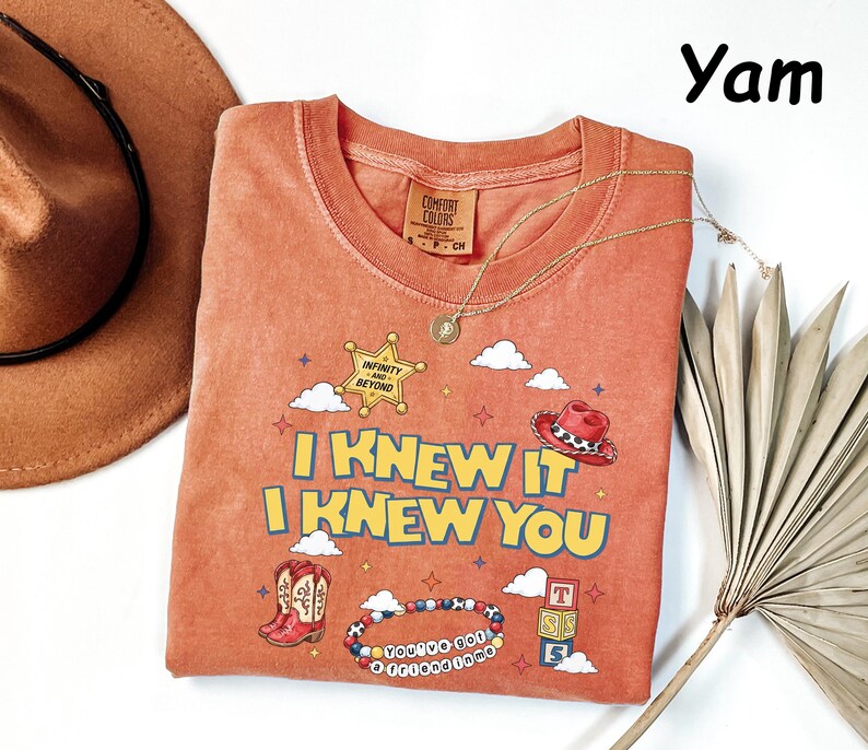 May include: A rust-colored t-shirt featuring a graphic print with the text I KNEW IT I KNEW YOU, a sheriff star badge with INFINITY AND BEYOND, a red cowboy hat, cowboy boots, a beaded bracelet with YOU'VE GOT A FRIEND IN ME, and toy blocks.