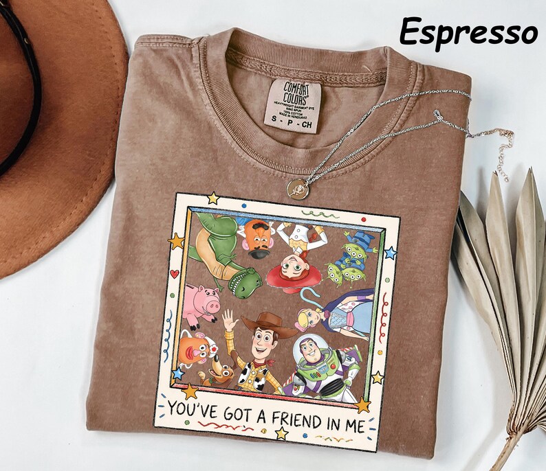 May include: An espresso-colored short-sleeve t-shirt featuring a graphic print of various animated characters inside a square frame. The text "YOU'VE GOT A FRIEND IN ME" is printed below the characters. The shirt has a crew neck and a brand label.